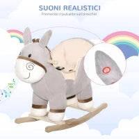 Cavallo a Dondolo per Bambini 18-36 Mesi, Cavalluccio a Dondolo a Forma di Asino con Suoni Realistici in Legno di Pioppo e Peluche, Grigio