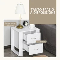Comodino Moderno in Legno con 2 Cassetti per Camera da Letto, 48x39x54cm, Bianco