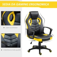 Sedia Gaming Ergonomica, Poltrona da Ufficio Girevole con Rotelle in Similpelle Nera e Gialla, Altezza Regolabile