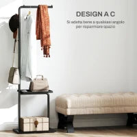 Appendiabiti da Terra a C con 3 Ganci, Barra e Vassoio Inferiore, Base in Pietra e Piedini Antiscivolo, Nero