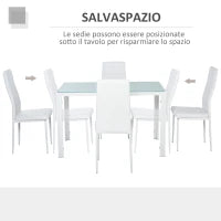 Set 5 Pezzi con 1 Tavolo e 4 Sedie per Cucina o Sala da Pranzo in Finta Pelle, Metallo e Vetro Temperato, Bianco