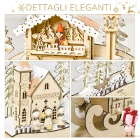 Calendario dell'Avvento in Legno a Forma di Slitta con 24 Cassetti da Riempire, Decorazioni e Luci a LED, 45x10x31cm