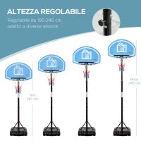 Canestro Basket con Altezza Regolabile 197.5-245cm, Base con Ruote e Tabellone, Blu