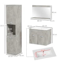 kleankin Set Mobili Bagno da 4 Pezzi con Lavabo da 60cm, Mobiletto, Colonna Bagno e Specchiera in Legno, Grigio