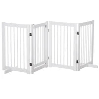 Recinzione per Cani 4 Pannelli, 204 x 75 cm, Recinzione Pieghevole con Porta, Recinzione per Cani Autoportante con 2 Piedi di Supporto, Recinzione per Scale in Legno per Ingresso, Cucina, Scala, Bianco