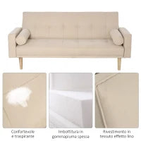 Divano Letto 3 Posti con Schienale Regolabile su 3 Livelli, 2 Cuscini e Braccioli Rimovibili, Beige, 185x84x85cm