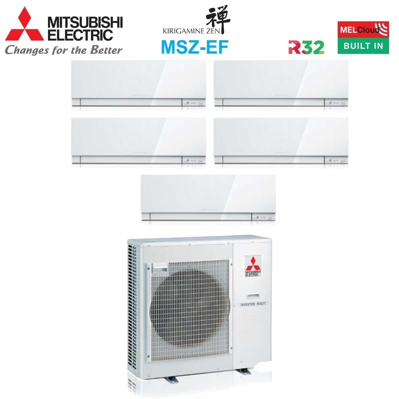 Climatizzatore Condizionatore Mitsubishi Electric Penta Split Inverter serie KIRIGAMINE ZEN WHITE MSZ-EF 7+12+12+12+15 con MXZ-5F102VF R-32 Wi-Fi Integrato Colore Bianco 7000+12000+12000+12000+15000