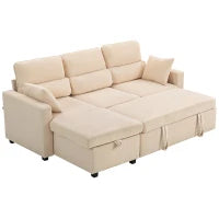 Divano Letto Angolare con Vano Contenitore, Rivestimento in Velluto a Coste e 2 Cuscini, 205x135x76 cm, Beige