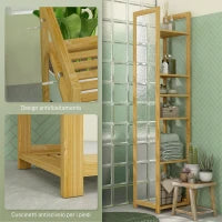 Scaffale da Bagno con Specchio e 6 Ripiani a Doghe in Bambù, 35x35x168cm, Colore Legno