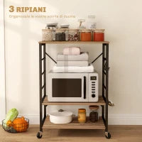 Scaffale da Cucina a 3 Livelli Stile Industriale con Ruote e 4 Ganci, Struttura in Acciaio, 60x40x84 cm, Teak