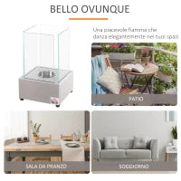 Camino a Bioetanolo da Tavolo con Bruciatore da 0.4L, Biocamino in Acciaio e Vetro per Interni ed Esterni, 20x20x33cm, Argento