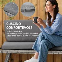 Divano da Giardino 2 Posti in Rattan con Imbottitura e Braccioli Ribaltabili, 129x63x67cm, Grigio