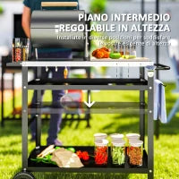 Carrello per Barbecue con Piano in Acciaio e Ripiano Regolabile, Ruote e Ganci, 100x52x80 cm, Nero