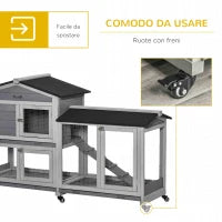 Conigliera a 2 Livelli con Rete Protettiva e Rotelle in Legno e Metallo, 157.4x53x99.5 cm, Grigio