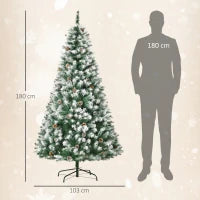 Albero di Natale Artificiale Innevato 180cm con 800 Rami e Pigne, Apertura Automatica e Base Pieghevole, Verde