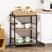 Carrello da Cucina a 3 Ripiani con Vassoio Rimovibile e Ruote Girevoli, 72x40x94cm, Legno e Nero