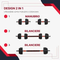 Set 2 Manubri Convertibili in Bilanciere, 25kg Totali con 12 Dischi Pesi Acciaio e Plastica Allenamento a Casa