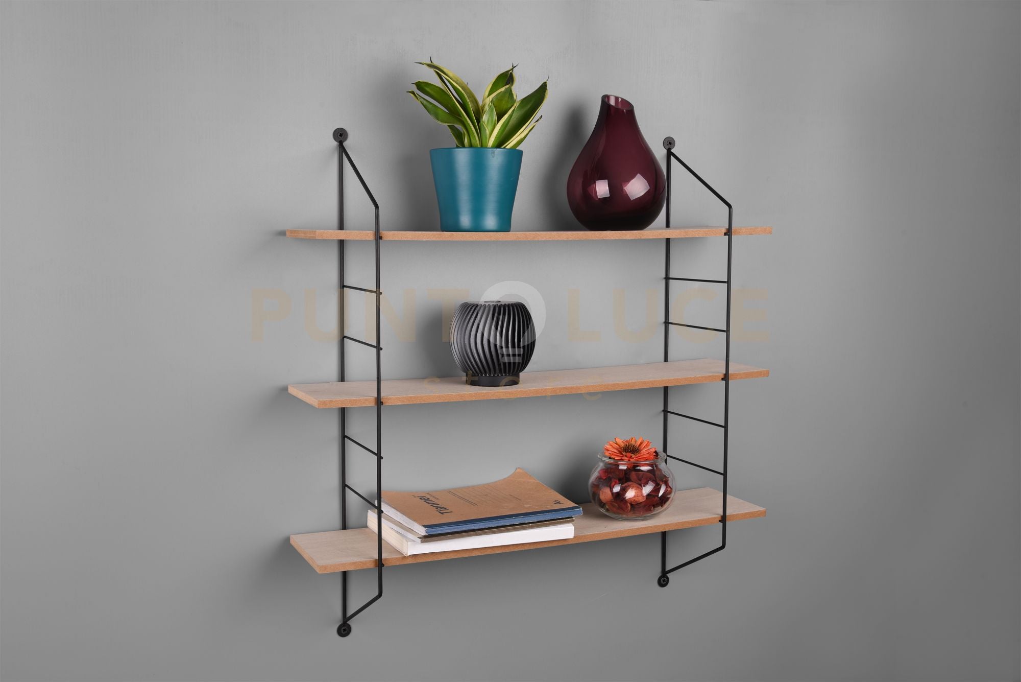 CLARA MENSOLA A MURO PORTA OGGETTI METALLO NERO CON 3 RIPIANI IN LEGNO NATURALE L.62CM H.60CM