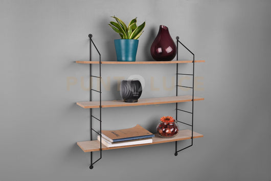 CLARA MENSOLA A MURO PORTA OGGETTI METALLO NERO CON 3 RIPIANI IN LEGNO NATURALE L.62CM H.60CM