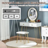 Toeletta con Specchio Luci a LED in Stile Industriale, Tavolo per Trucco con Sgabello, Mobile Toeletta con Interruttore Touch, Bianco