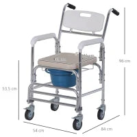 Sedia a Rotelle Impermeabile con WC Seduta in Ecopelle, 4 Ruote, Vaso Rimovibile per Anziani/Disabili, 84x54x96cm