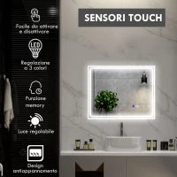 kleankin Specchio Bagno con Luce LED 3 Livelli Rettangolare, Antiappannamento e Interruttore Touch, 90x70cm
