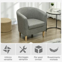 Poltrona Moderna a Pozzetto in Tessuto Effetto Lino con Gambe in Legno, 74x63x73cm, Grigio
