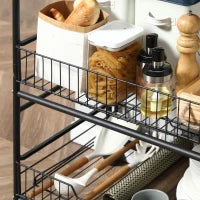 Carrello da Cucina Portavivande Stile Industriale con 4 Ruote, 2 Cestini e 4 Ganci, 60x38x85.5cm, Marrone Nero
