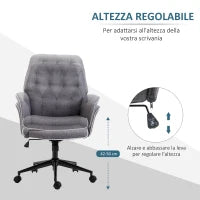 Sedia da Ufficio Imbottita ad Altezza Regolabile, in Tessuto Effetto Lino, 66x69x89.5-97 cm, Grigio