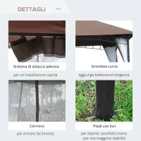 Gazebo da Giardino 3x3m con Zanzariera, Tetto a 2 Livelli e Struttura in Metallo Marrone