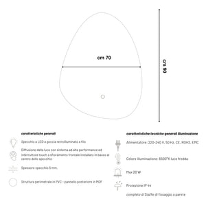 Specchio 5 mm a goccia retroilluminato led interruttore touch pvc e mdf *** misure 70x90 cm, tonalità dimmerabile 27...