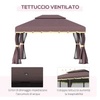 Gazebo da Giardino 3x4m con Doppio Tetto, Zanzariera e Tende, Alluminio e Poliestere, Color Caffè