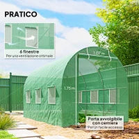 Serra per Orto a Tunnel 3.5x2x2m in PE e Metallo con 6 finestre e Porta Avvolgibile, Verde