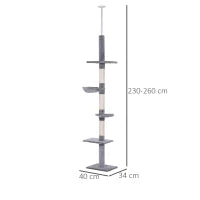 Albero Tiragraffi a 4 Livelli ad Altezza Regolabile, in Truciolato, Peluche e Sisal, 40x34x230-260 cm, Grigio