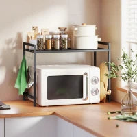 Porta Microonde Estensibile a 2 Livelli con 3 Ganci, in Metallo, 39.5-64x32x47.5 cm, Nero