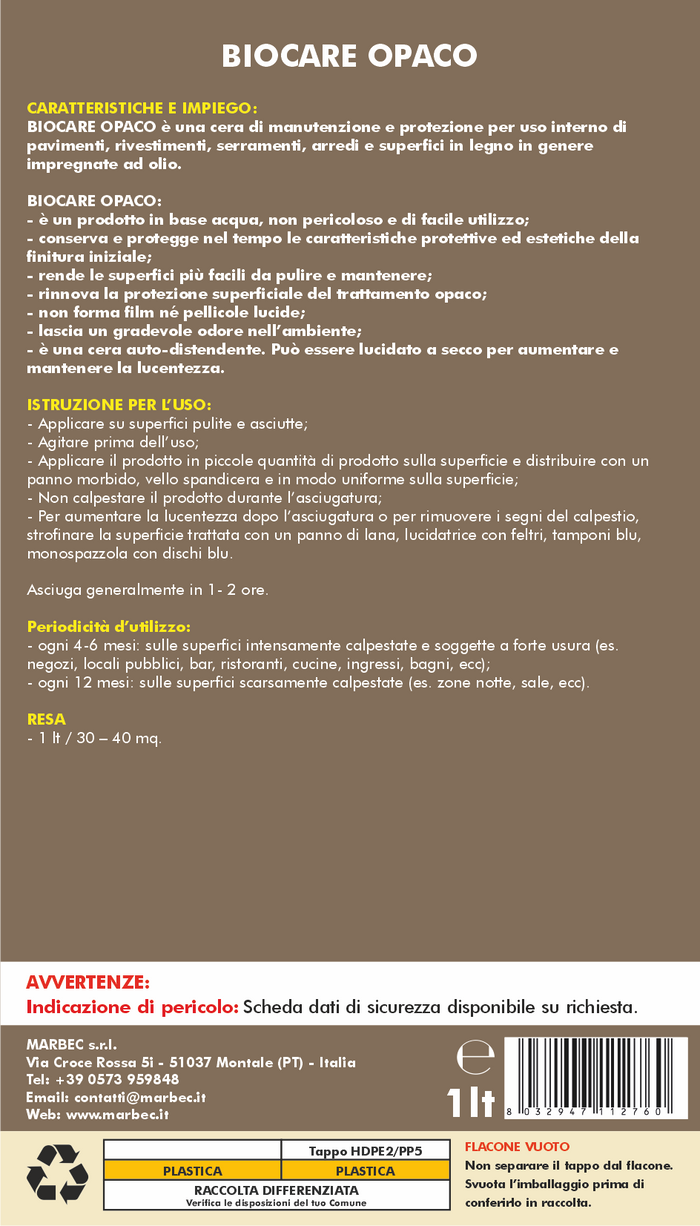 Cera per legno oliato BIOCARE OPACO   1LTx6Pz