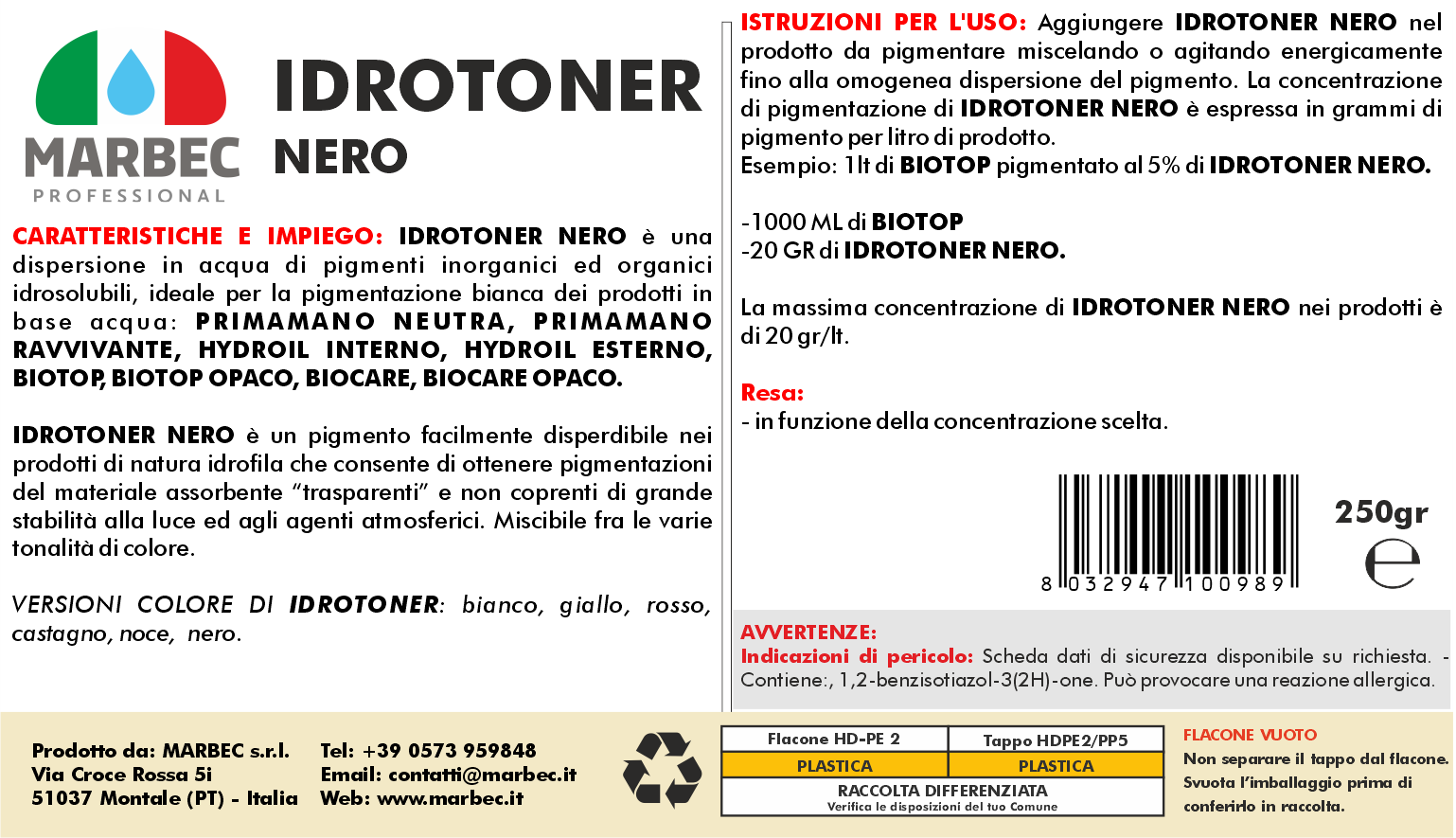Pigmento idrosolubile nero IDROTONER NERO   250GR