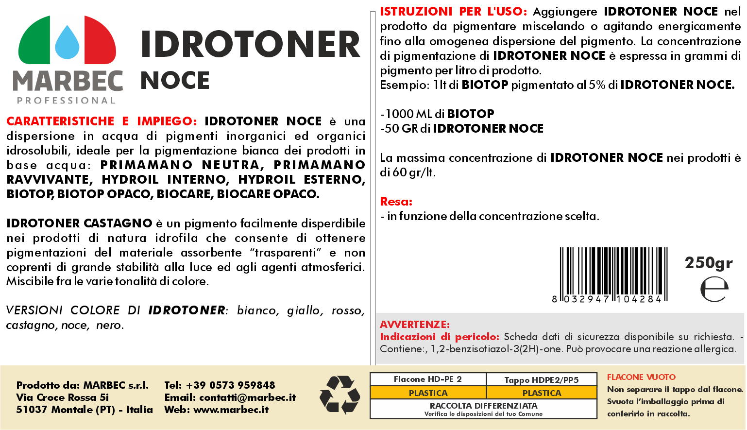 Pigmento idrosolubile noce IDROTONER NOCE   250GR