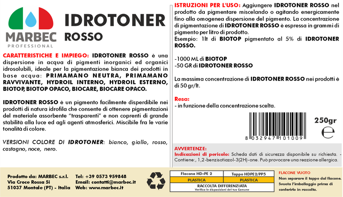 Pigmento idrosolubile rosso IDROTONER ROSSO   250GR