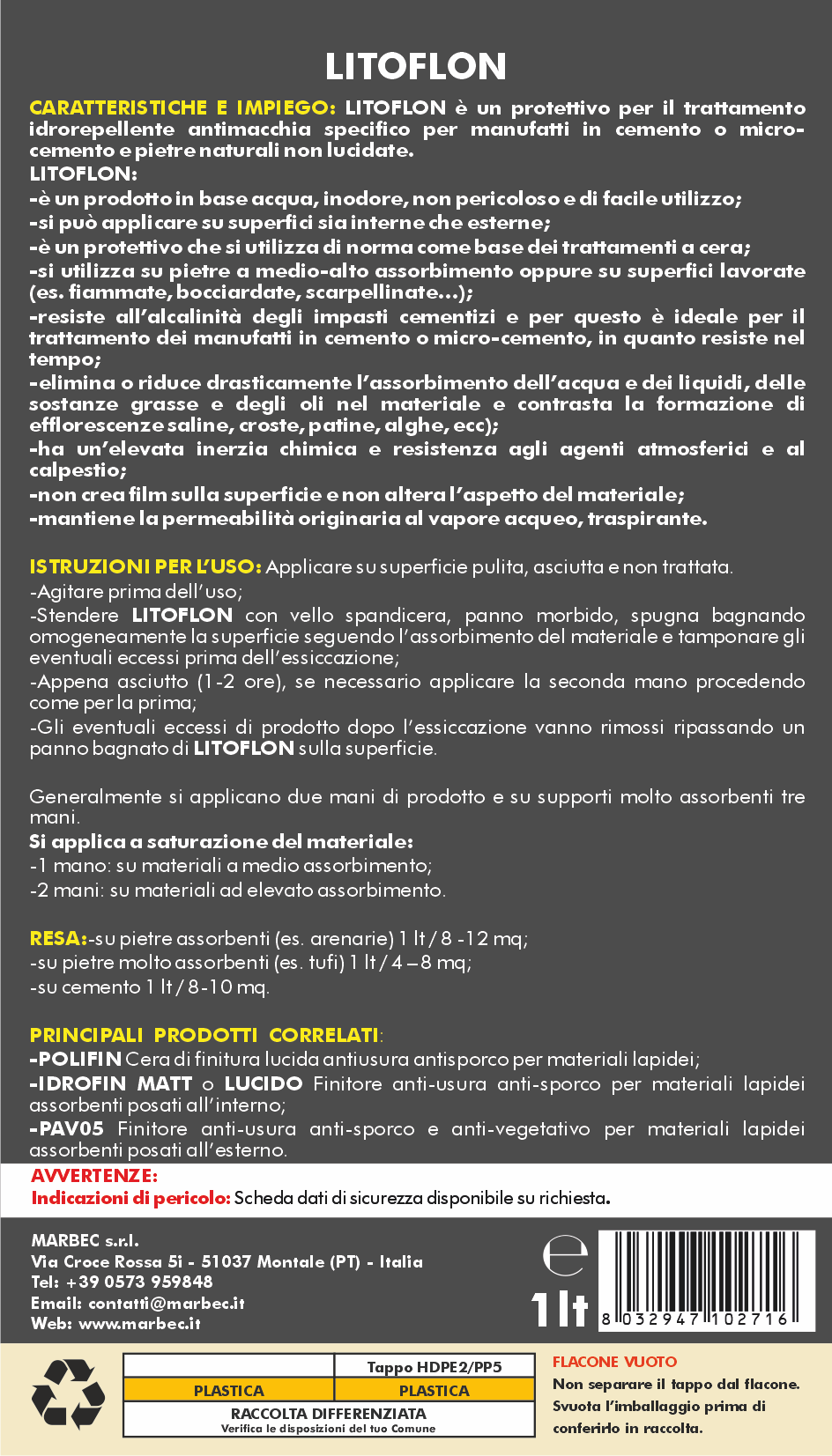 Protettivo antimacchia per cemento, pietre arenarie LITOFLON   1LTx6Pz