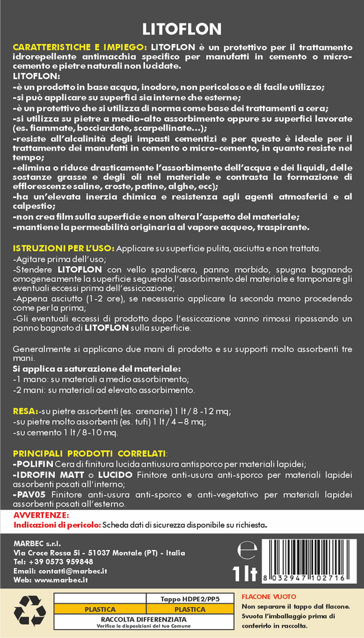 Protettivo antimacchia per cemento, pietre arenarie LITOFLON   1LTx6Pz