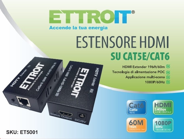 ETTROIT Kit TX-RX Extender HDMI, 60MT UTP, 1080p@60Hz, POE, Loop-Out