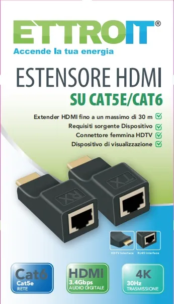 ETTROIT Prolunga/adattatore da HDMI a RJ45, per cavo Cat 5e/6, 1080p, trasmissione fino a 30 m