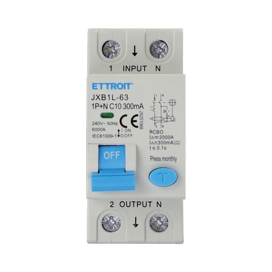 RCBO Interruttore Magnetotermico Differenziale Tipo A Curva C 1P+N 2M 6000A 300mA  C10A  AC 230V IP20 IEC61009-1