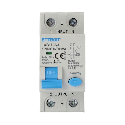RCBO Interruttore Magnetotermico Differenziale Tipo A Curva C 1P+N 2M 6000A 300mA C16A AC 230V IP20 IEC61009-1