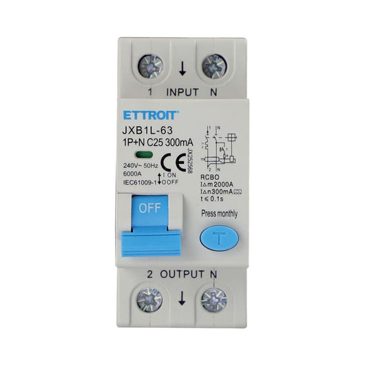 ETTROIT RCBO Interruttore Magnetotermico Differenziale Tipo A Curva C 1P+N 2M 6000A 300mA C25A AC 230V IP20 IEC61009-1