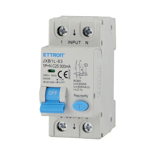 ETTROIT RCBO Interruttore Magnetotermico Differenziale Tipo A Curva C 1P+N 2M 6000A 300mA C25A AC 230V IP20 IEC61009-1