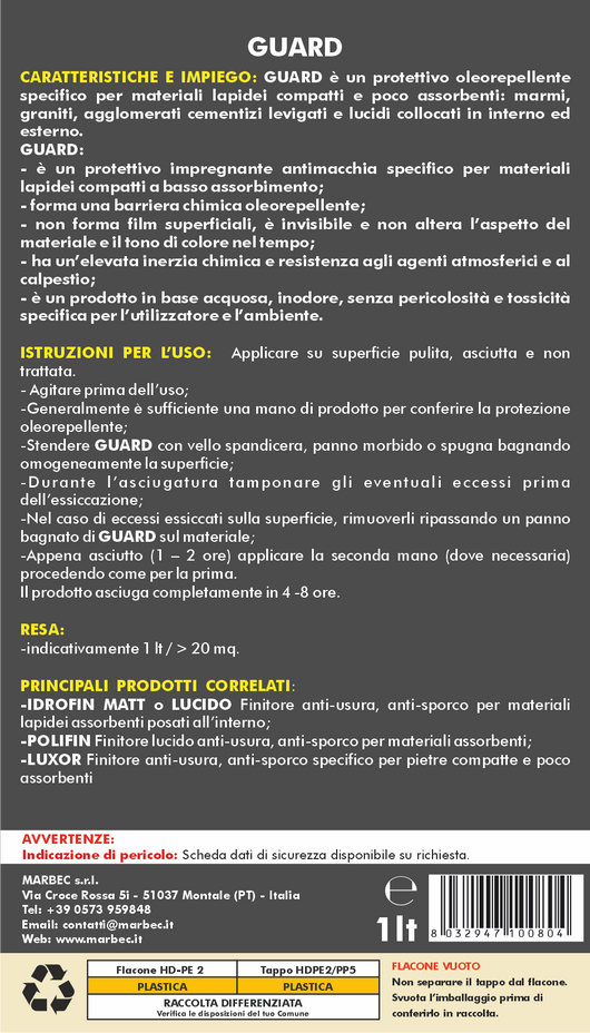Protettivo per marmi, graniti, graniglie lucide GUARD   1LT