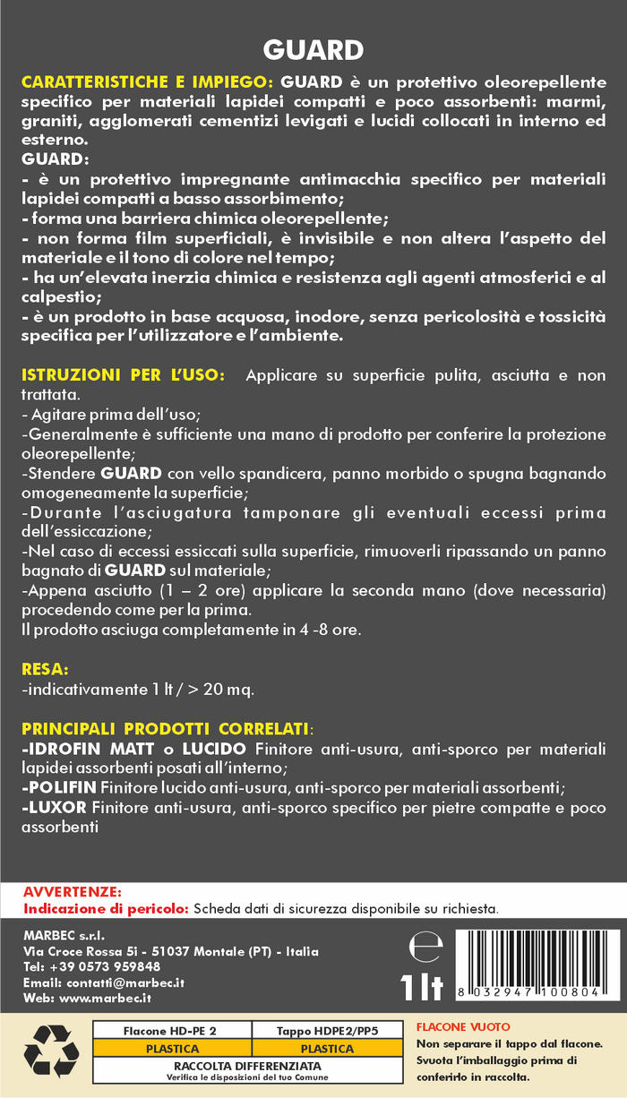 Protettivo per marmi, graniti, graniglie lucide GUARD   1LT