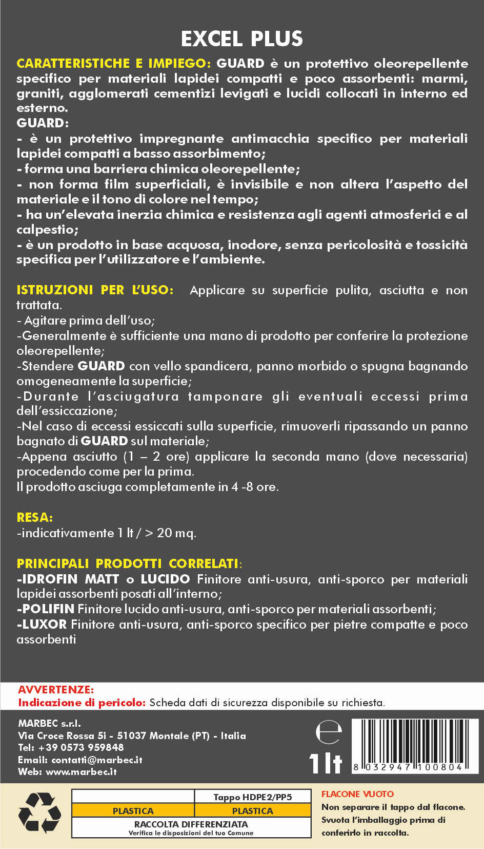 Protettivo per marmi, graniti, graniglie lucide GUARD   1LTx6Pz